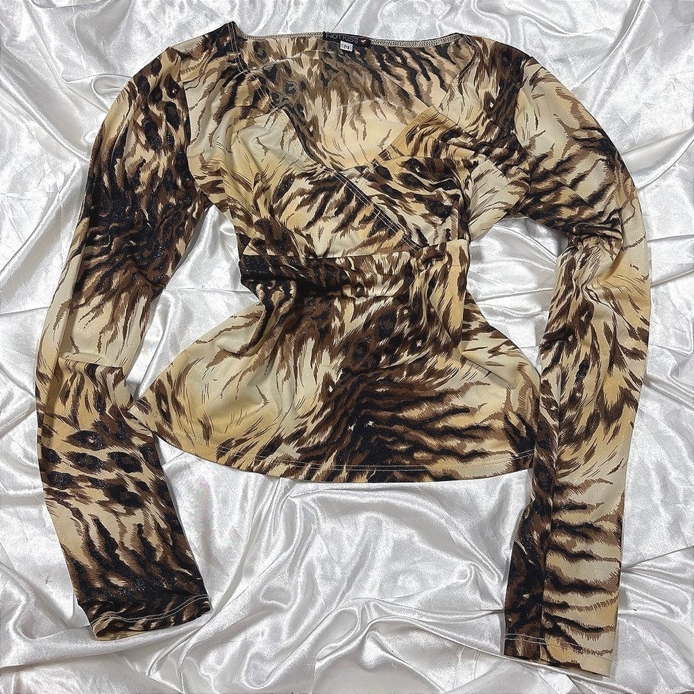 y2k Hot Kiss Animal Print Top Brown Glitter Faux Wrap Long Sleeve M